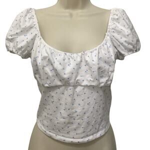 Hollister floral milkmaid top puff sleeve crop blue white size medium